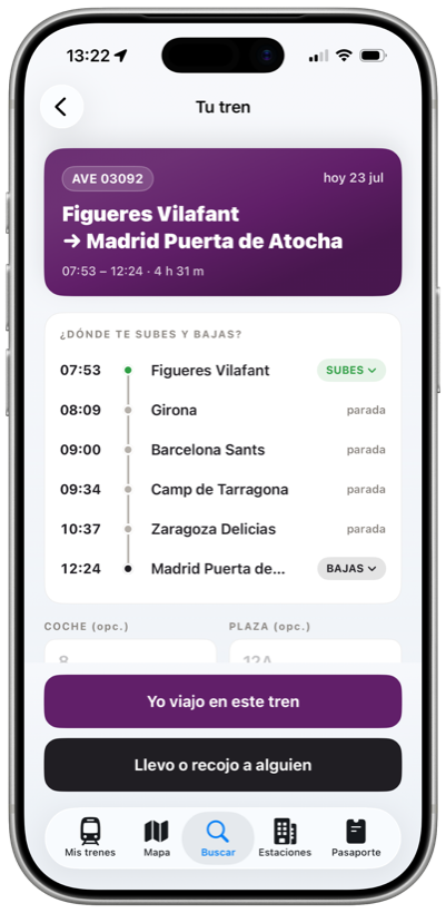 Detalle de tren con cabecera y recorrido de paradas
