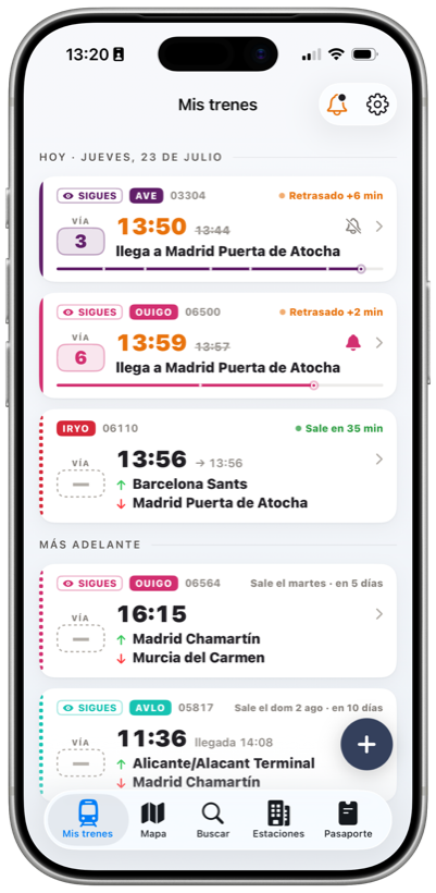 Pantalla Home de la app Trenes con tus próximos trenes en tiempo real