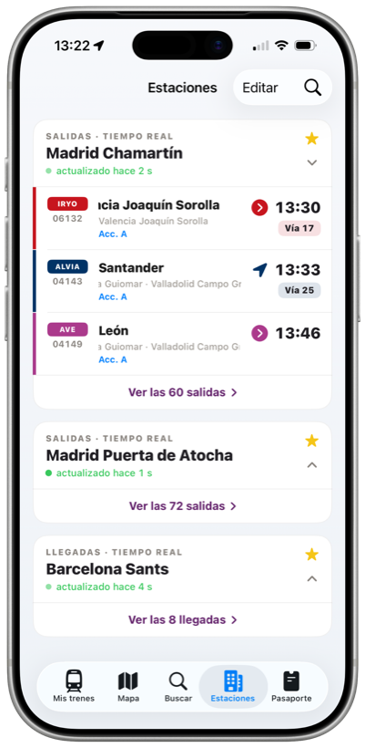 Estaciones favoritas con tableros de salidas en vivo